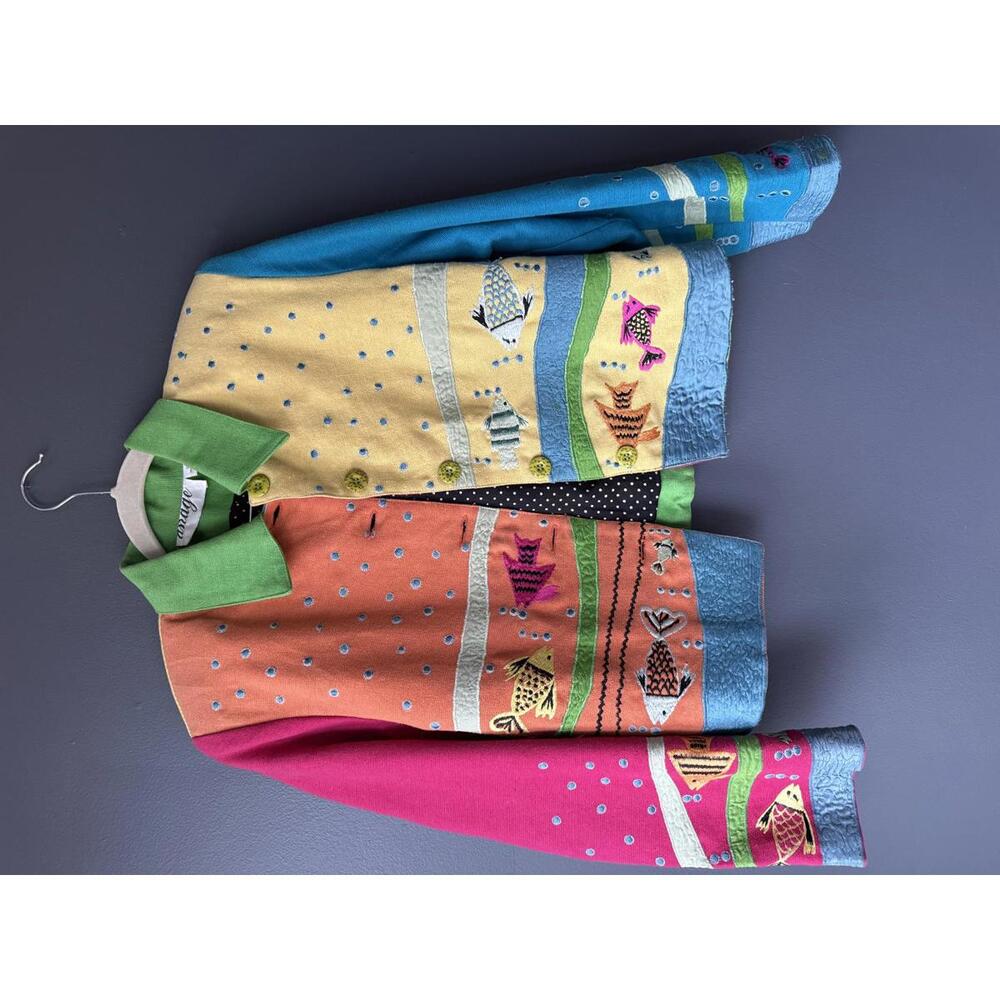 Anage Colorblock Cotton Jacket with Fish Embroidery